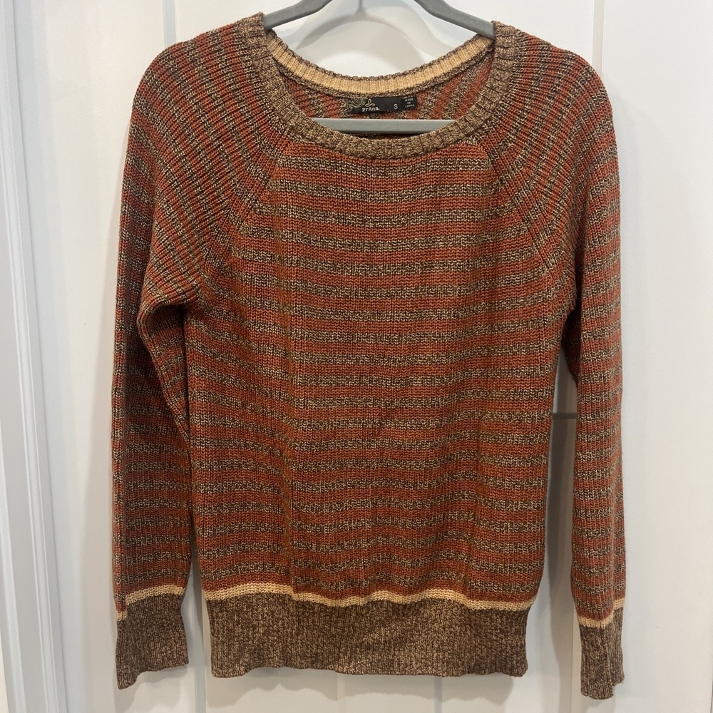 Prana Sweater Women's Orange Brown Striped Sweater Crew Neck Size‎ Small